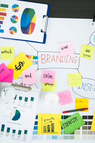 Top view of creative designer brainstorming ducument on wood table in meeting room